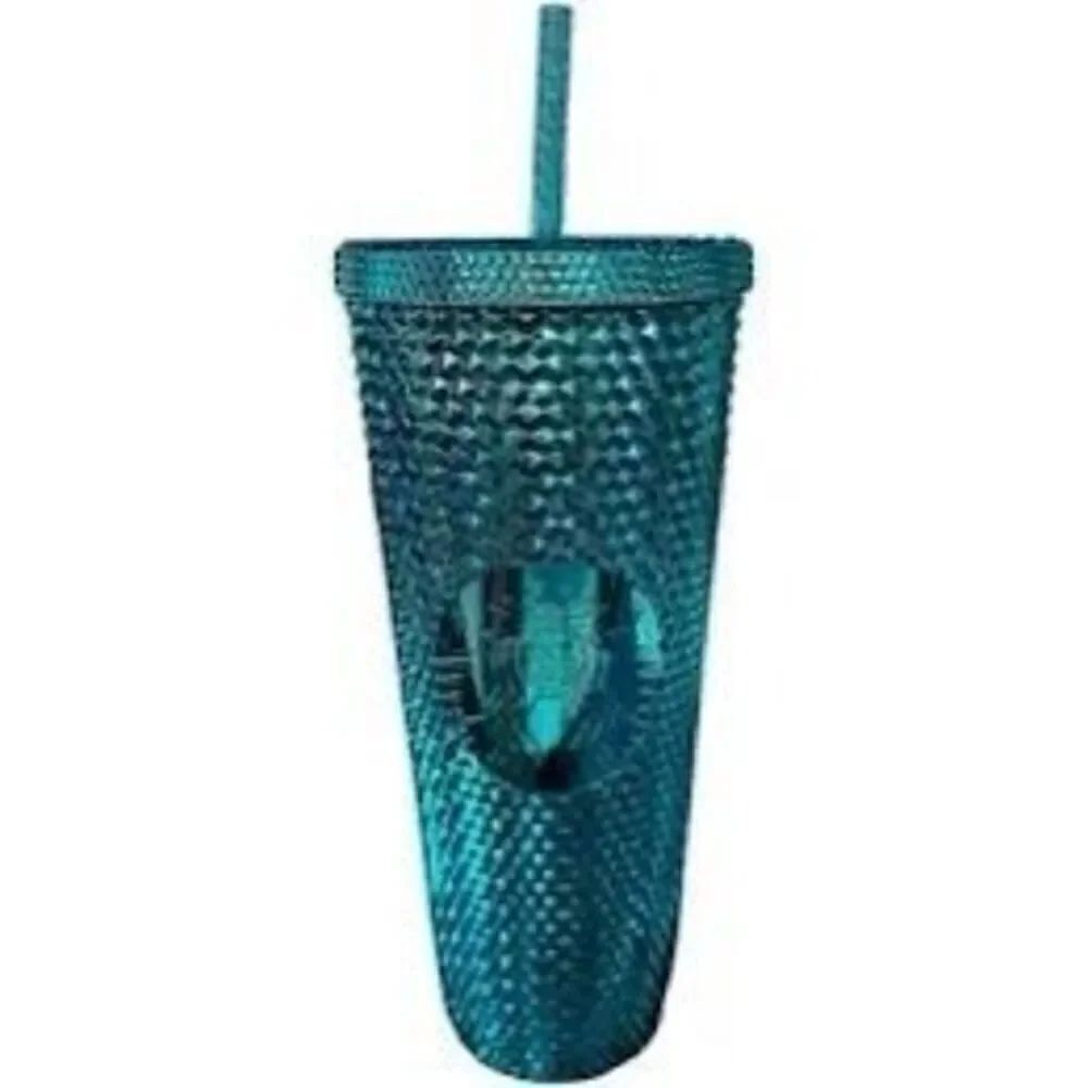 Starbucks 24oz Venti Blue Chrome Studded Tumbler Cup With Straw Metallic Teal